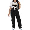 imagePINSV Womens 2 Piece Outfits Jersey Shirts Striped Number Graphic V Neck Tee and Pant Sets Casual Y2k Streetwear TracksuitsBlack