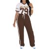 imagePINSV Womens 2 Piece Outfits Jersey Shirts Striped Number Graphic V Neck Tee and Pant Sets Casual Y2k Streetwear TracksuitsBrown