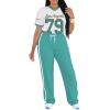 imagePINSV Womens 2 Piece Outfits Jersey Shirts Striped Number Graphic V Neck Tee and Pant Sets Casual Y2k Streetwear TracksuitsGreen