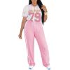 imagePINSV Womens 2 Piece Outfits Jersey Shirts Striped Number Graphic V Neck Tee and Pant Sets Casual Y2k Streetwear TracksuitsPink