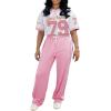 imagePINSV Womens 2 Piece Outfits Jersey Shirts Striped Number Graphic V Neck Tee and Pant Sets Casual Y2k Streetwear TracksuitsPink