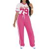 imagePINSV Womens 2 Piece Outfits Jersey Shirts Striped Number Graphic V Neck Tee and Pant Sets Casual Y2k Streetwear TracksuitsRose Red