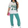 imagePINSV Womens 2 Piece Outfits Jersey Shirts Striped Number Graphic V Neck Tee and Pant Sets Casual Y2k Streetwear TracksuitsGreen