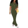 imagePINSV 2 Piece Sets For Women Casual V Neck Lounge Sets Short Sleeve Top Flare Pants Daily TracksuitArmy Green