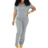 imagePINSV 2 Piece Sets For Women Casual V Neck Lounge Sets Short Sleeve Top Flare Pants Daily TracksuitGrey