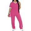 imagePINSV Womens 2 Piece Outfits Lounge Set V Neck Short Sleeve Top and Wide Leg Pants Tracksuit Casual SetsRose Red
