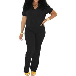imagePINSV 2 Piece Sets For Women Casual V Neck Lounge Sets Short Sleeve Top Flare Pants Daily TracksuitBlack