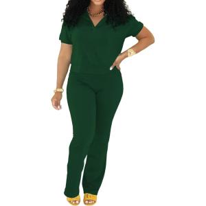 imagePINSV 2 Piece Sets For Women Casual V Neck Lounge Sets Short Sleeve Top Flare Pants Daily TracksuitDark Green