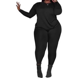 imagePINSV Womens Plus Size 2 Piece Outfits Tracksuits Long Sleeve Top Pants Sets SweatsuitBlack