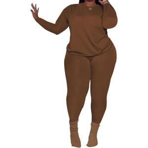 imagePINSV Womens Plus Size 2 Piece Outfits Tracksuits Long Sleeve Top Pants Sets SweatsuitBrown