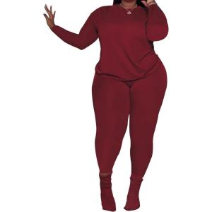 imagePINSV Womens Plus Size 2 Piece Outfits Tracksuits Long Sleeve Top Pants Sets SweatsuitBurgundy