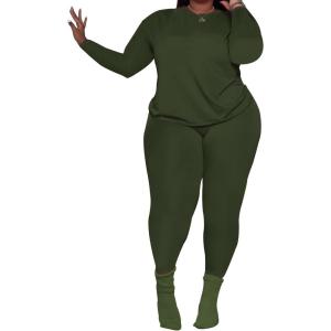 imagePINSV Womens Plus Size 2 Piece Outfits Tracksuits Long Sleeve Top Pants Sets SweatsuitGreen