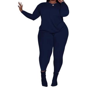 imagePINSV Womens Plus Size 2 Piece Outfits Tracksuits Long Sleeve Top Pants Sets SweatsuitNavy Blue