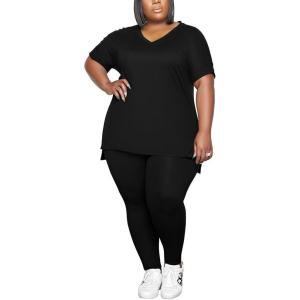 imagePINSV Womens Plus Size 2 Piece Outfits Sweatsuits Tracksuit Loungewear SetsB1black