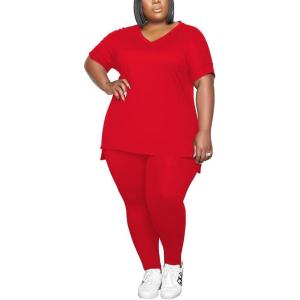 imagePINSV Womens Plus Size 2 Piece Outfits Sweatsuits Tracksuit Loungewear SetsB4red