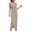 imagePINSV Womens Bodycon Maxi Dress Stretchy Sleeveless Tank Dress Summer Long Ribbed Casual Beach Party Dress Khaki XL