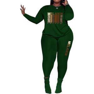 imagePINSV Womens Plus Size 2 Piece Outfits Tracksuits Long Sleeve Top Pants Sets SweatsuitGreen Print
