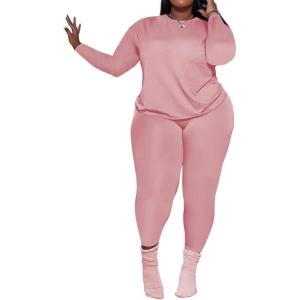imagePINSV Womens Plus Size 2 Piece Outfits Tracksuits Long Sleeve Top Pants Sets SweatsuitPink