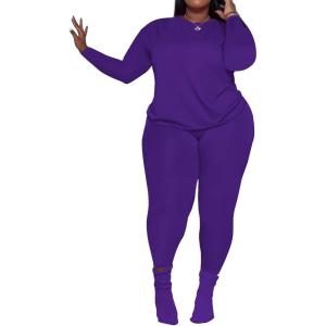 imagePINSV Womens Plus Size 2 Piece Outfits Tracksuits Long Sleeve Top Pants Sets SweatsuitPurple