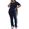 imagePINSV Womens 2 Piece Outfits Sets Short Sleeve Top and Flare Pants Lounge Sets Track suitDark Blue