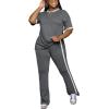imagePINSV Womens 2 Piece Outfits Sets Short Sleeve Top and Flare Pants Lounge Sets Track suitGrey