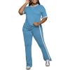 imagePINSV Womens 2 Piece Outfits Sets Short Sleeve Top and Flare Pants Lounge Sets Track suitLight Blue