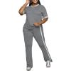 imagePINSV Womens 2 Piece Outfits Sets Short Sleeve Top and Flare Pants Lounge Sets Track suitLight Grey