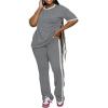 imagePINSV Womens 2 Piece Outfits Sets Short Sleeve Top and Flare Pants Lounge Sets Track suitLight Grey