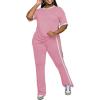 imagePINSV Womens 2 Piece Outfits Sets Short Sleeve Top and Flare Pants Lounge Sets Track suitPink
