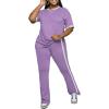 imagePINSV Womens 2 Piece Outfits Sets Short Sleeve Top and Flare Pants Lounge Sets Track suitPurple