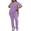 imagePINSV Womens 2 Piece Outfits Sets Short Sleeve Top and Flare Pants Lounge Sets Track suitPurple