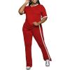 imagePINSV Womens 2 Piece Outfits Sets Short Sleeve Top and Flare Pants Lounge Sets Track suitRed