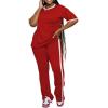 imagePINSV Womens 2 Piece Outfits Sets Short Sleeve Top and Flare Pants Lounge Sets Track suitRed