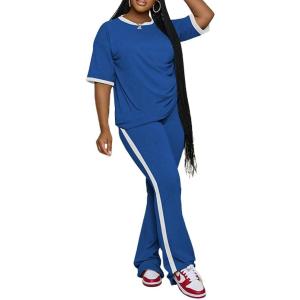 imagePINSV Womens 2 Piece Outfits Sets Short Sleeve Top and Flare Pants Lounge Sets Track suitBlue