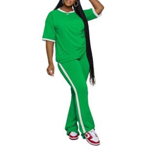 imagePINSV Womens 2 Piece Outfits Sets Short Sleeve Top and Flare Pants Lounge Sets Track suitGreen
