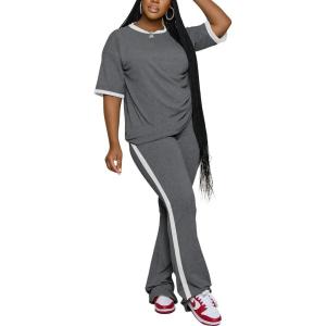 imagePINSV Womens 2 Piece Outfits Sets Short Sleeve Top and Flare Pants Lounge Sets Track suitGrey