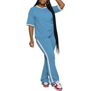 imagePINSV Womens 2 Piece Outfits Sets Short Sleeve Top and Flare Pants Lounge Sets Track suitLight Blue