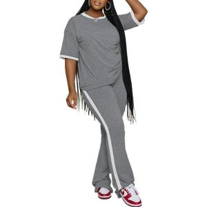 imagePINSV Womens 2 Piece Outfits Sets Short Sleeve Top and Flare Pants Lounge Sets Track suitLight Grey