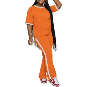 imagePINSV Womens 2 Piece Outfits Sets Short Sleeve Top and Flare Pants Lounge Sets Track suitOrange