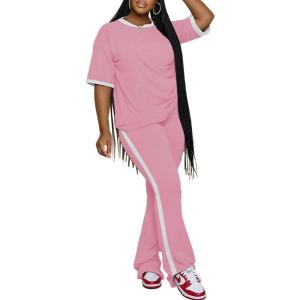 imagePINSV Womens 2 Piece Outfits Sets Short Sleeve Top and Flare Pants Lounge Sets Track suitPink