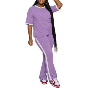 imagePINSV Womens 2 Piece Outfits Sets Short Sleeve Top and Flare Pants Lounge Sets Track suitPurple
