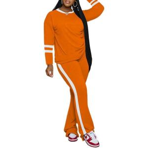 imagePINSV 2 Piece Sets for Women Fall Casual Outfits Long Sleeve Top and Flare Pants Lounge Sets Track suitOrange