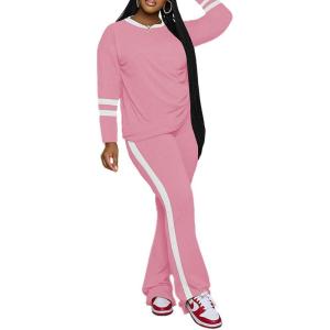 imagePINSV 2 Piece Sets for Women Fall Casual Outfits Long Sleeve Top and Flare Pants Lounge Sets Track suitPink