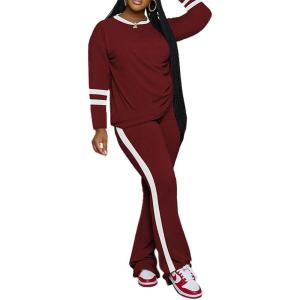 imagePINSV 2 Piece Sets for Women Fall Casual Outfits Long Sleeve Top and Flare Pants Lounge Sets Track suitWine
