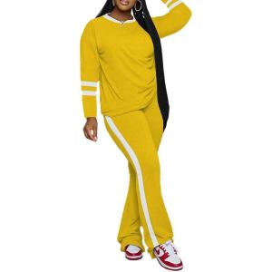 imagePINSV 2 Piece Sets for Women Fall Casual Outfits Long Sleeve Top and Flare Pants Lounge Sets Track suitYellow