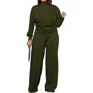 imagePINSV Lounge Sets For Women Casual 2 Piece Outfits Baggy Long Sleeve Top And Flare Pants Comfy TracksuitsArmy Green