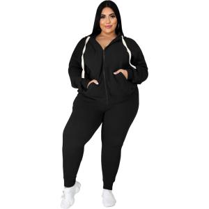imagePINSV Women Plus Size 2 Piece Outfits Sweatsuits Full Zip Hooded Sweatshirt Sweatpants TracksuitsAblack