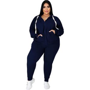 imagePINSV Women Plus Size 2 Piece Outfits Sweatsuits Full Zip Hooded Sweatshirt Sweatpants TracksuitsAdark Blue
