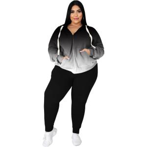 imagePINSV Women Plus Size 2 Piece Outfits Sweatsuits Full Zip Hooded Sweatshirt Sweatpants TracksuitsBblack Gradient