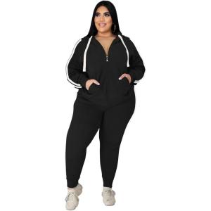 imagePINSV Women Plus Size 2 Piece Outfits Sweatsuits Full Zip Hooded Sweatshirt Sweatpants TracksuitsCblack Stripe